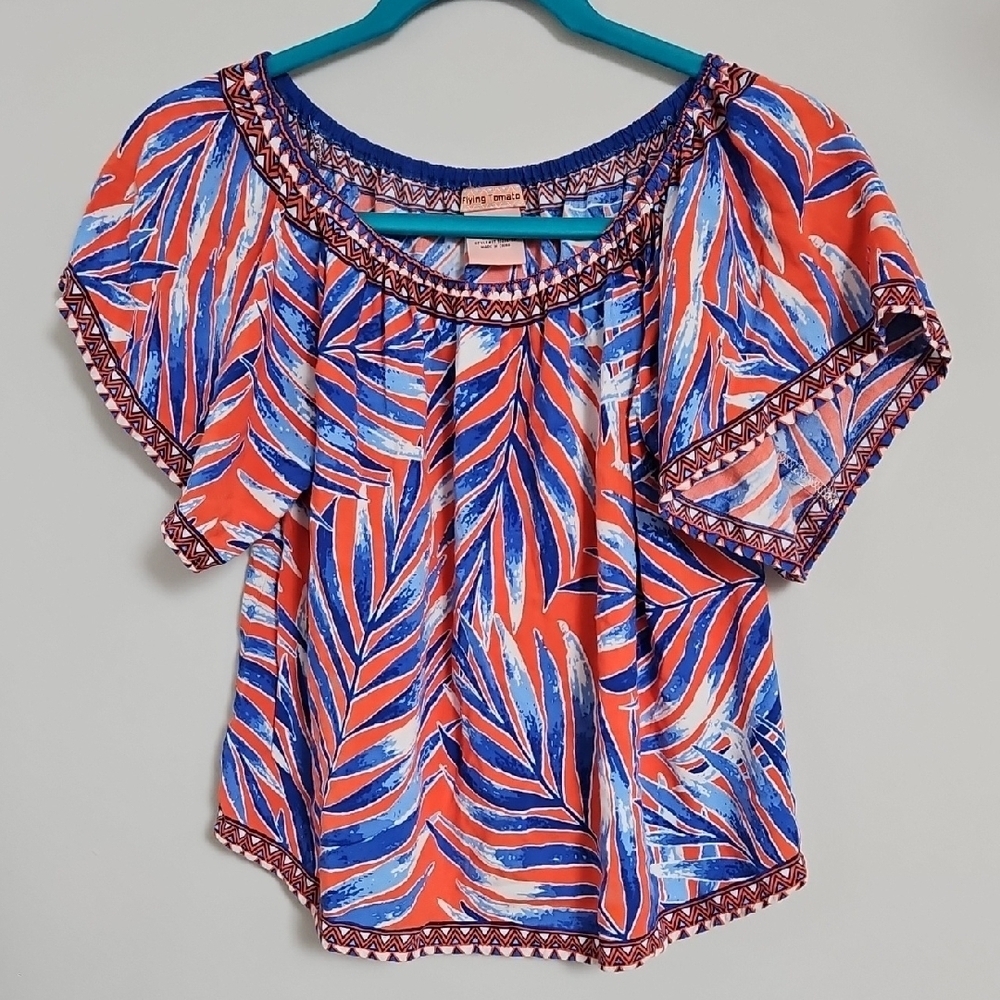Flying Tomato Tropical Leaf Print Blouse XS Orange Blue Off Shoulder Boho Top - Picture 5 of 11